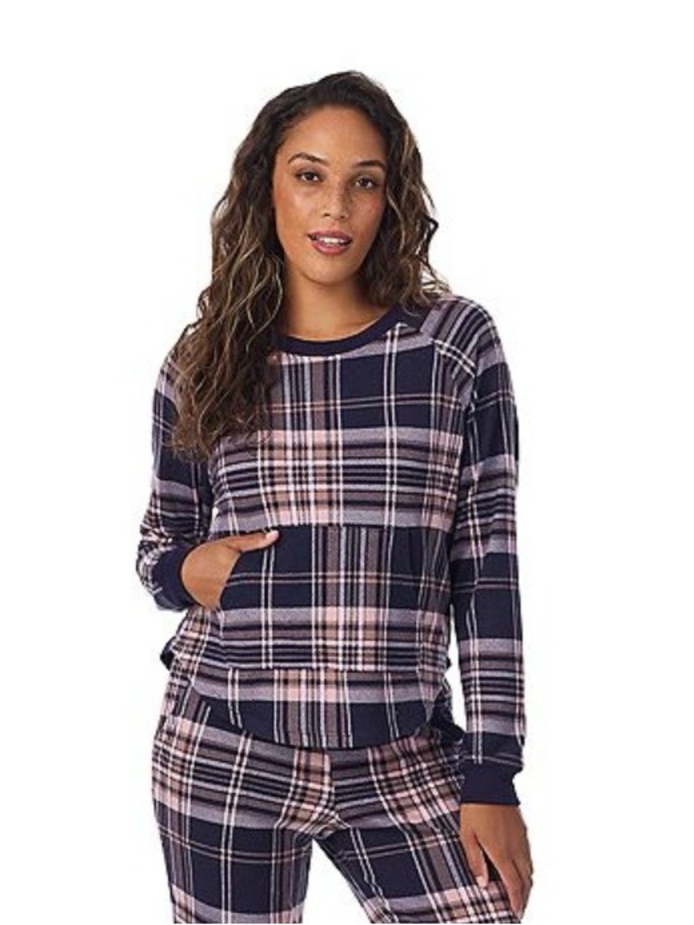 Cuddl Duds Navy & Pink Plaid Long-Sleeve Pajama Top Only
